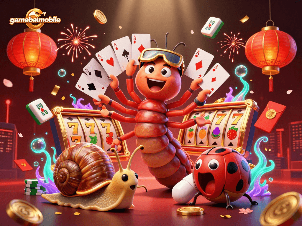 Engage with gamebaimobile's vibrant casino scene showcasing a 3D millipede dealer and high-roller gaming action.