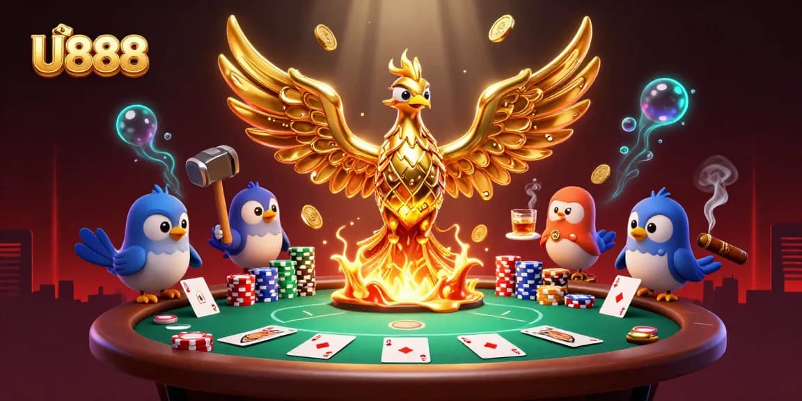 Experience U888's thrilling gaming with a molten golden phoenix and poker scene.