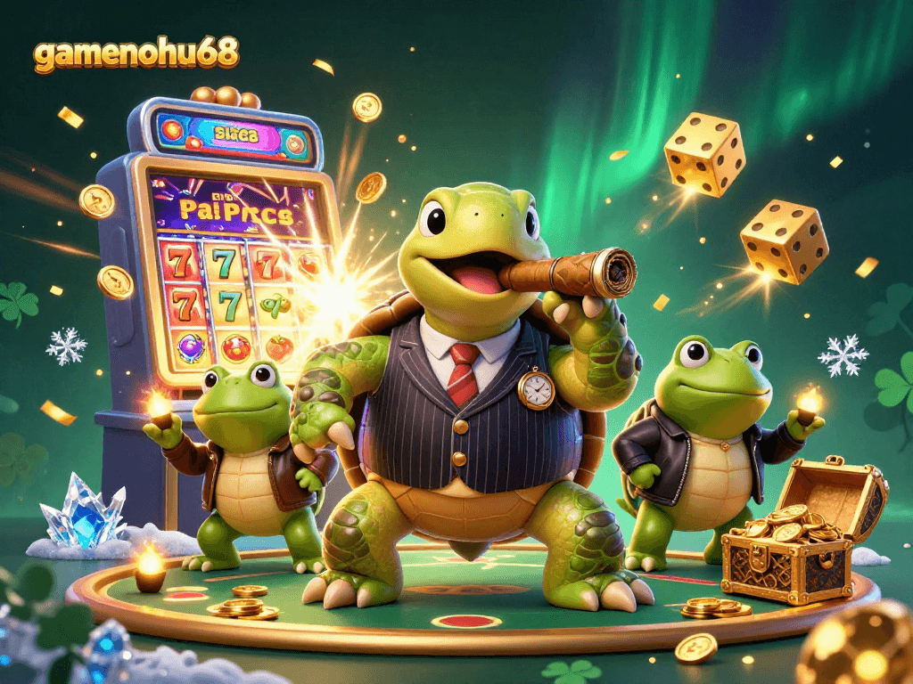 Experience thrilling slots with gamenohu68 in a dynamic 3D casino scene featuring a turtle mobster.