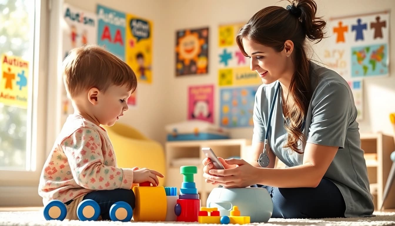 Engaging ABA therapy session between a child and therapist in a colorful room.