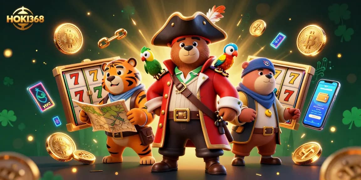 Experience thrilling slot action at HOKI368 with vibrant pirate-themed characters and dazzling game elements.