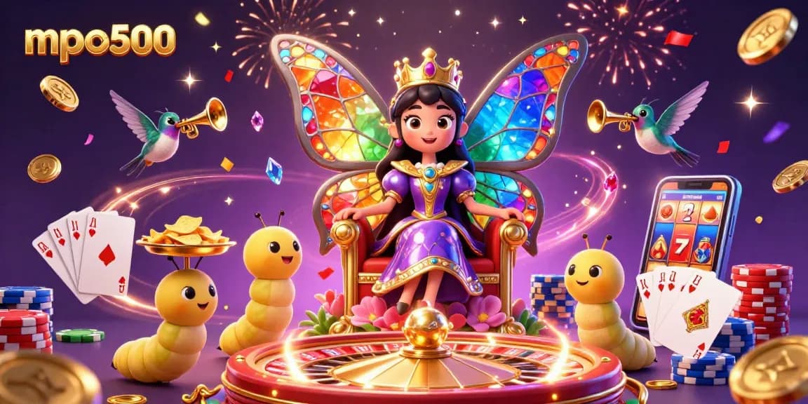 Engage with mpo500's vibrant gaming experience while admiring a dazzling 3D butterfly queen illustration.