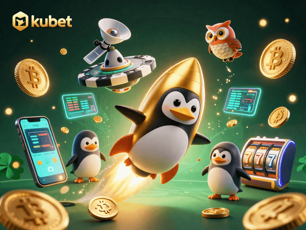Experience kubet with a vibrant 3D casino adventure featuring a golden penguin and crypto elements
