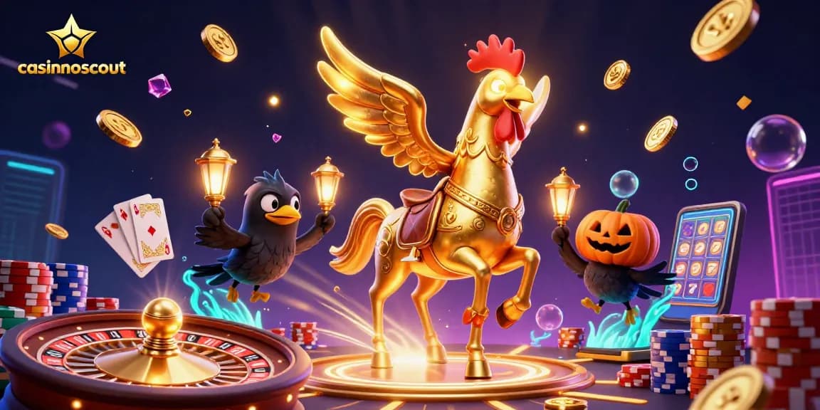 Experience the thrill of gambling with casinoscout in this mystical casino scene featuring a golden rooster.