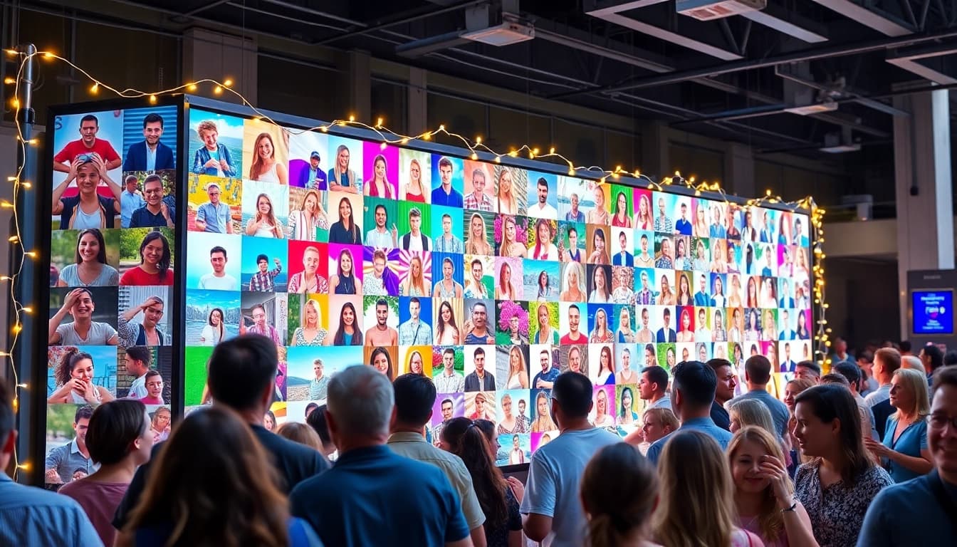 Engage with the vibrant interactive photo wall filled with colorful images.
