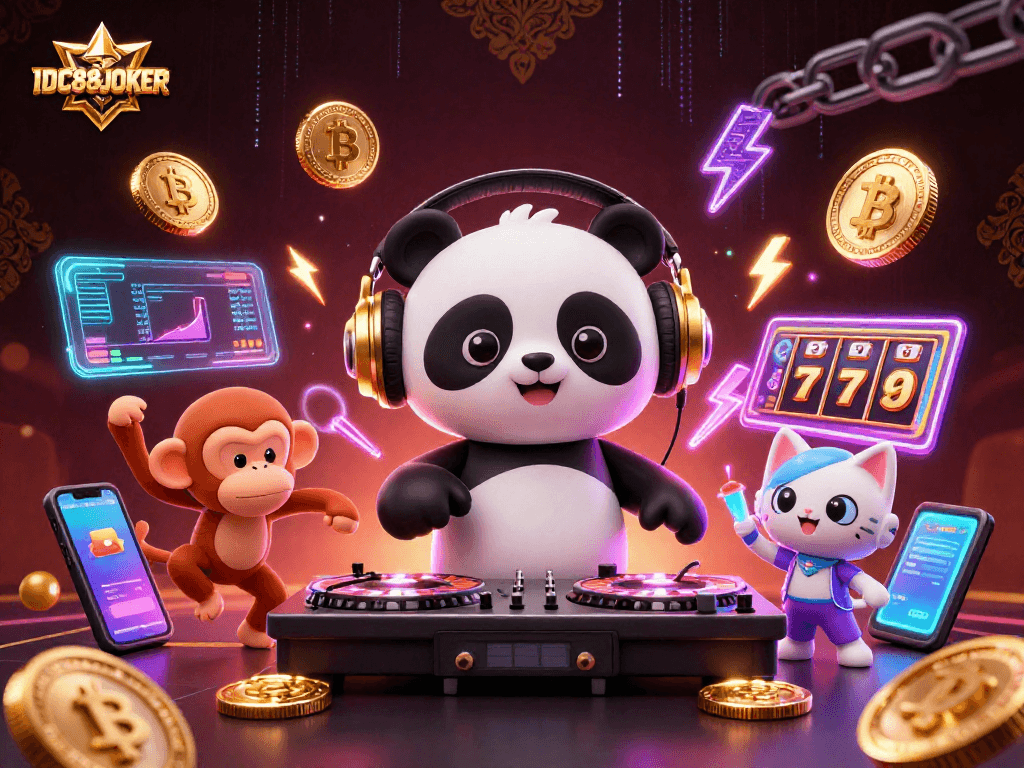 Spin with excitement at IDC88JOKER, featuring a lively DJ panda and breakdancing monkey in a vibrant casino scene.