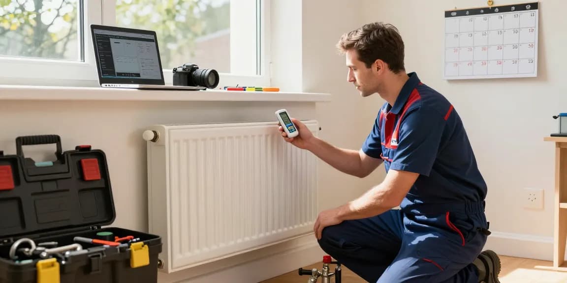 Heating engineer in Bedford inspecting a residential heating system with professional tools.