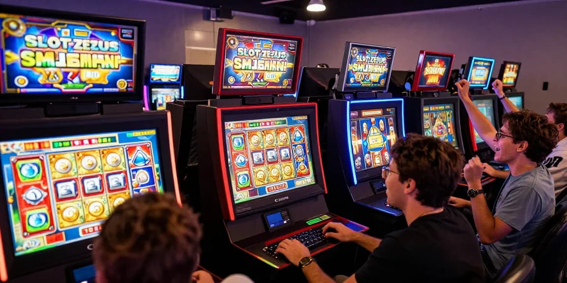 Players enjoying Slot Zeus with colorful graphics in a vibrant gaming lounge environment.
