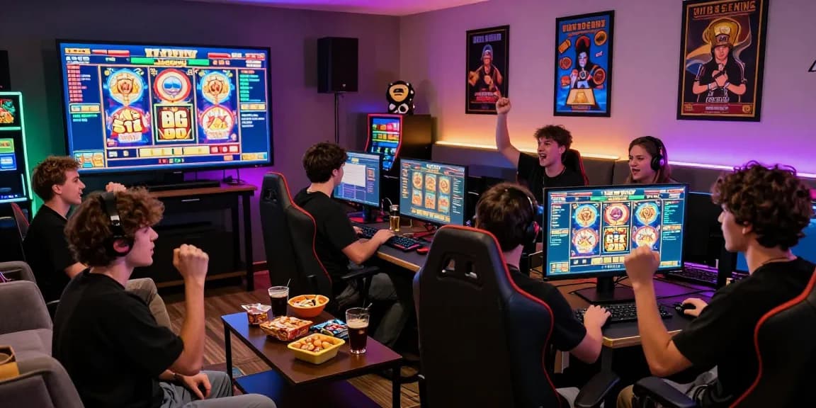 Engaging online gaming experience showcasing players at a computer with situs gacor on screen and vibrant slot graphics in a modern setting.