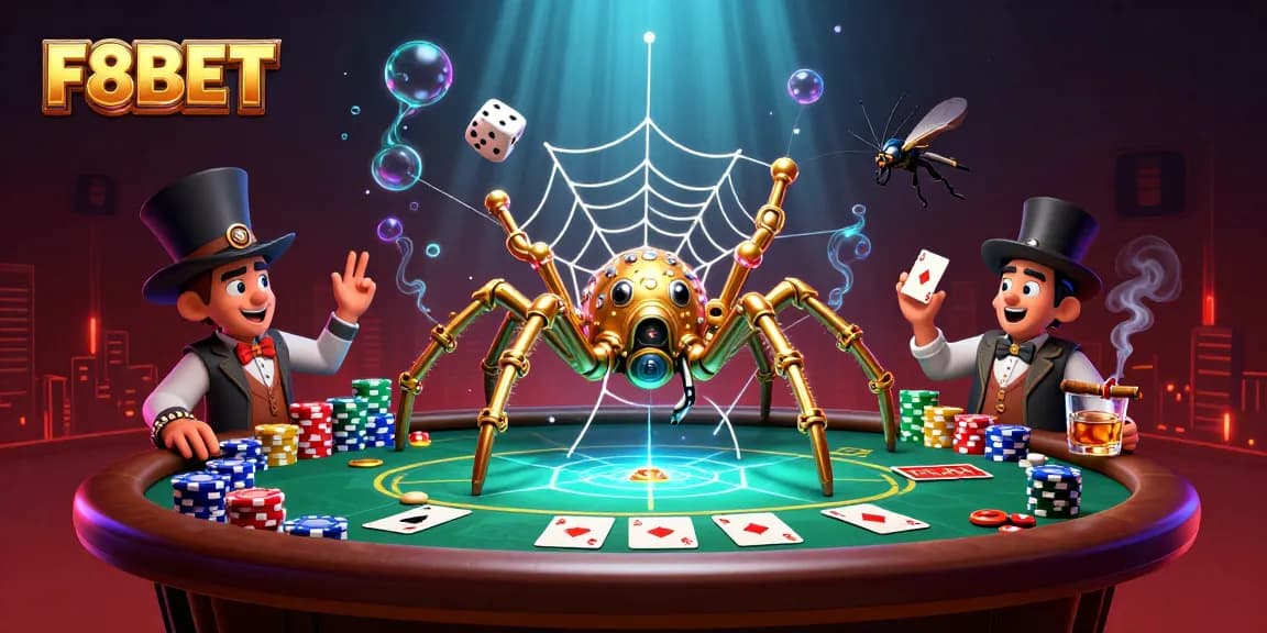 F8BET showcases an engaging steampunk casino scene with poker elements and dynamic 3D characters.