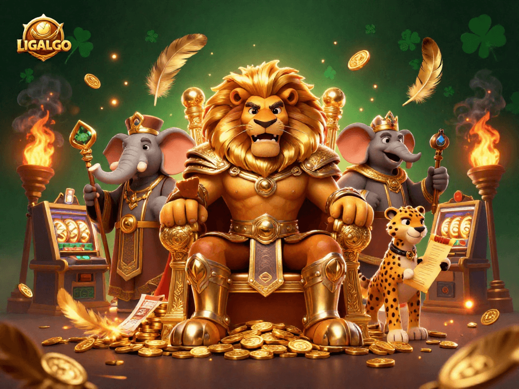LIGALGO showcases a fierce lion king, wise elephant, and quick cheetah in an exciting casino scene with slot machines and golden tokens.
