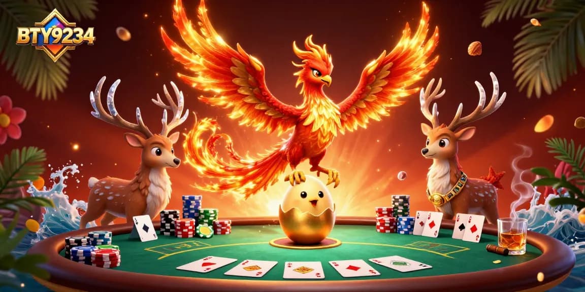 Engage with BTY9234's vibrant poker scene featuring a phoenix, a chick, and a stag.