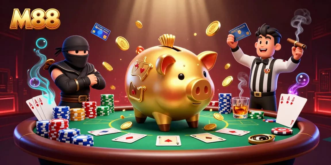 M88 sumo wrestler coin-slot character stomping coins while card ninja battles in a vibrant casino scene.