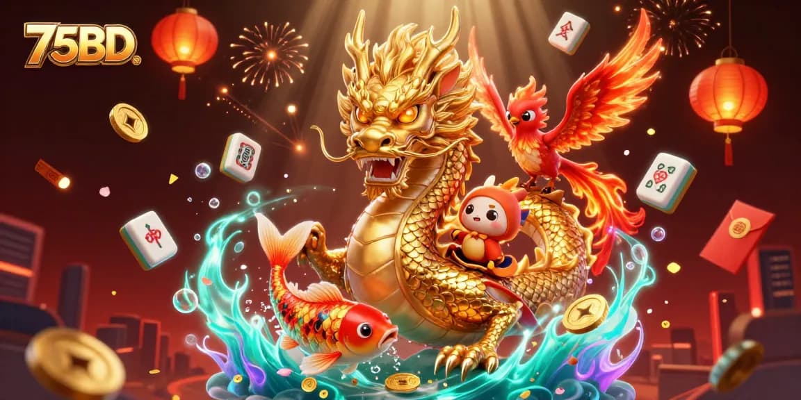 Experience the dynamic energy of 75BD with a dragon, phoenix, koi fish, and festive casino elements.