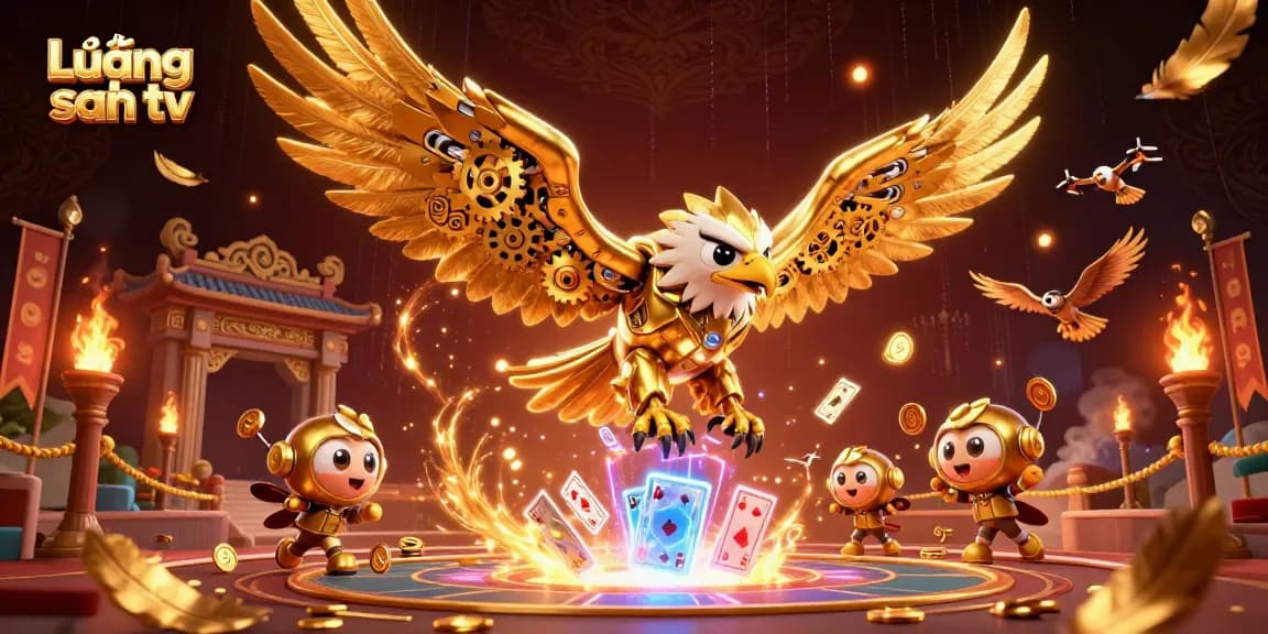 Lương sơn tv features an exhilarating scene with a golden eagle amidst swirling cards, showcasing vibrant gameplay action.