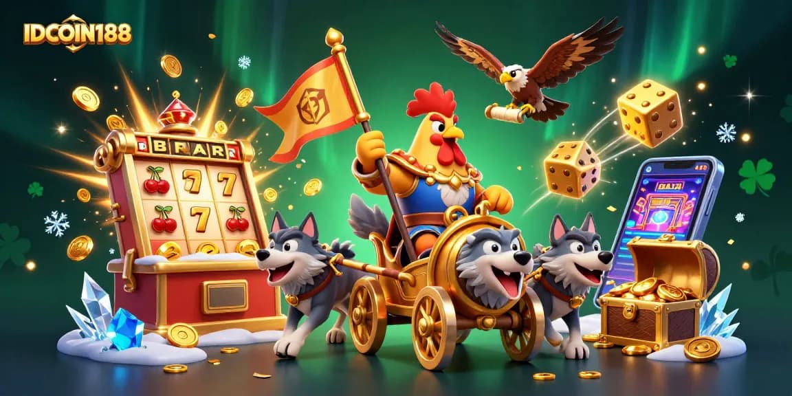 Experience excitement with IDCOIN188 through a lively casino illustration featuring a warlord and gaming elements.