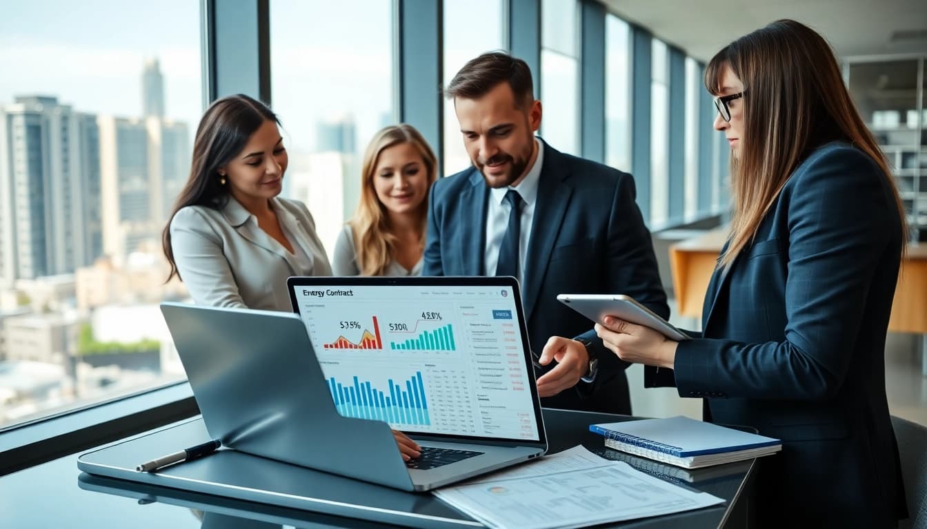Business professionals discussing how to switch business energy supplier in a modern office.