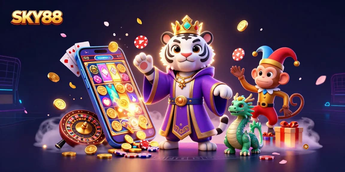 SKY88 brings excitement to life with a playful casino scene featuring iconic characters and games.
