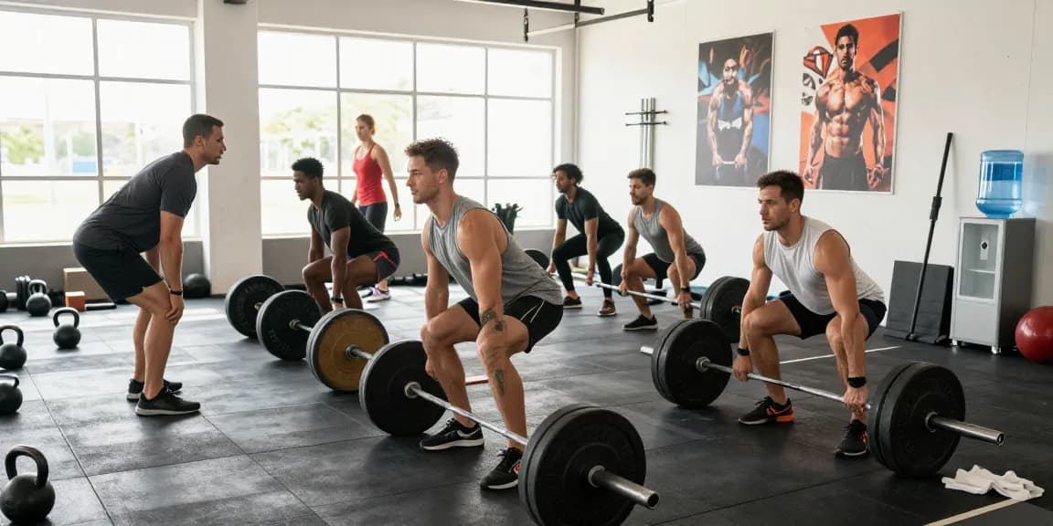 Men's gym clothes showcased in a vibrant gym scene with diverse workouts, emphasizing performance and comfort.