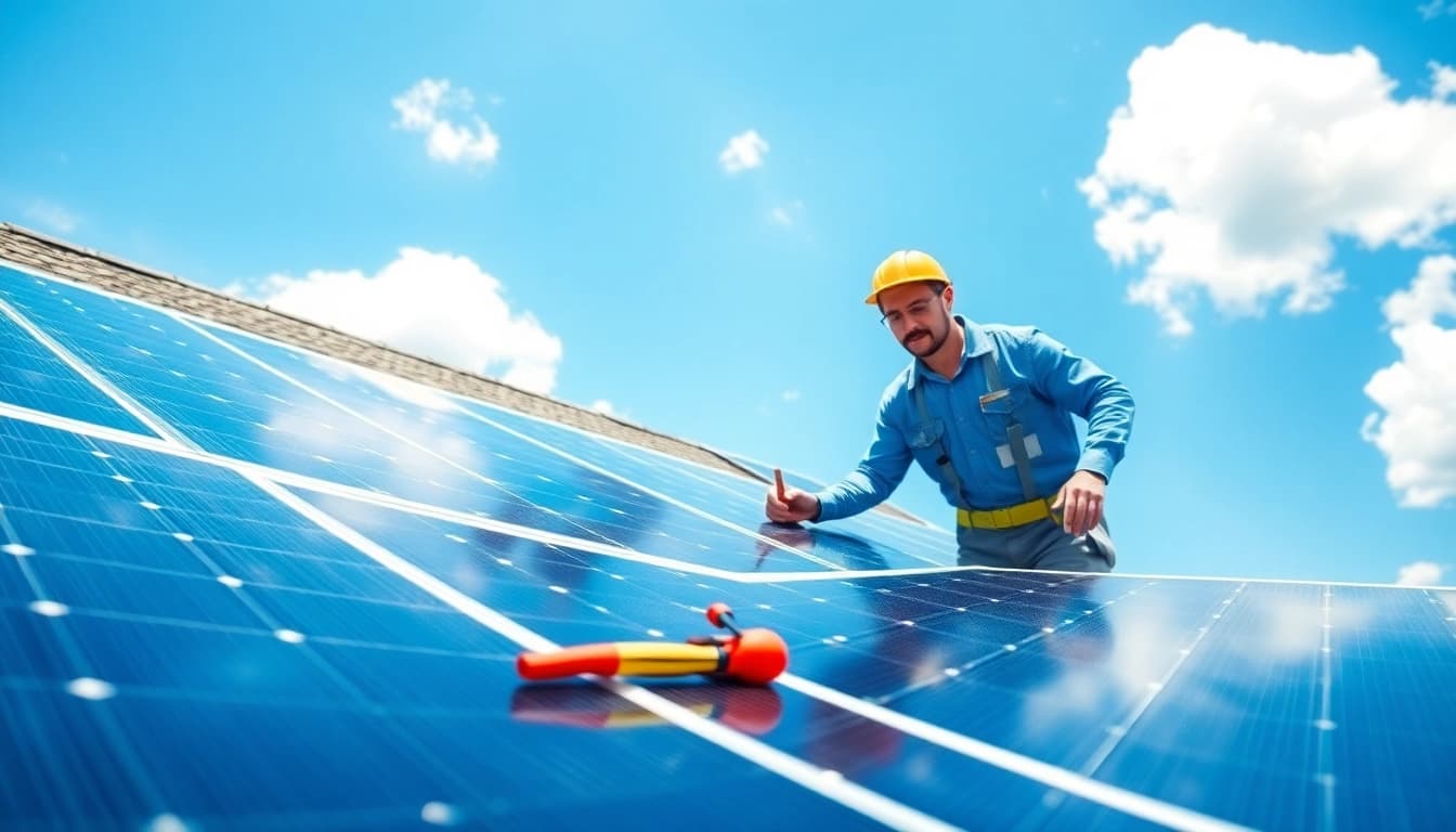 Technician performing solar panel repair New Jersey on a sunny day.
