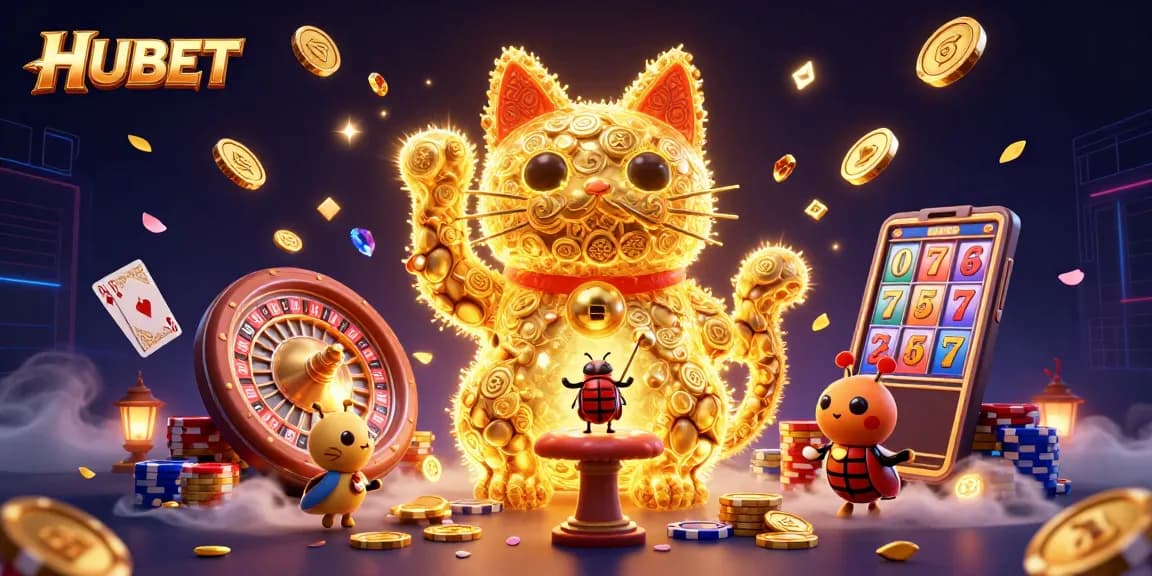 Experience HUBET's vibrant gaming world with a lucky cat and dynamic casino symbols.
