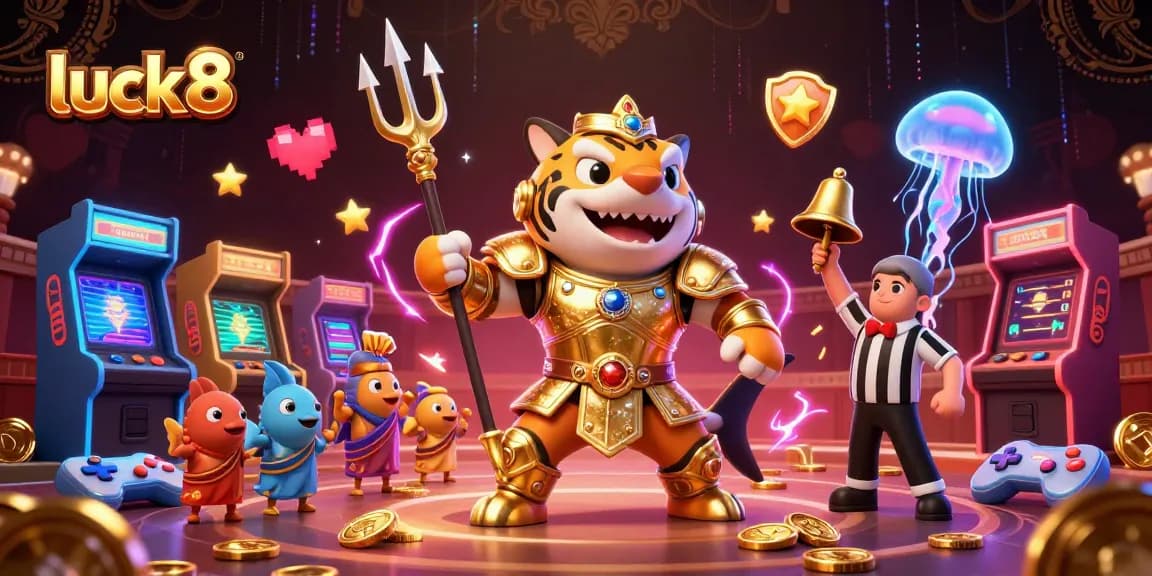 Immerse in luck8's vibrant world of gaming with a fierce shark in gladiator armor amidst dynamic casino elements.