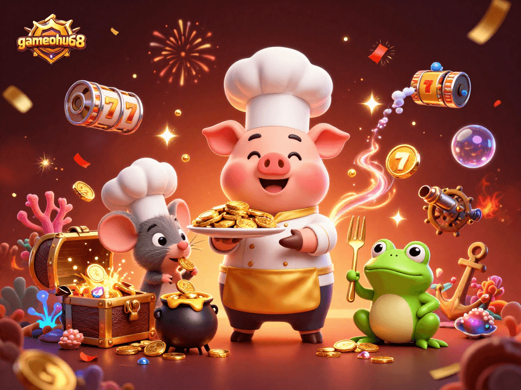 Experience the vibrant and captivating scene of gamenohu68 featuring festive characters and casino elements.