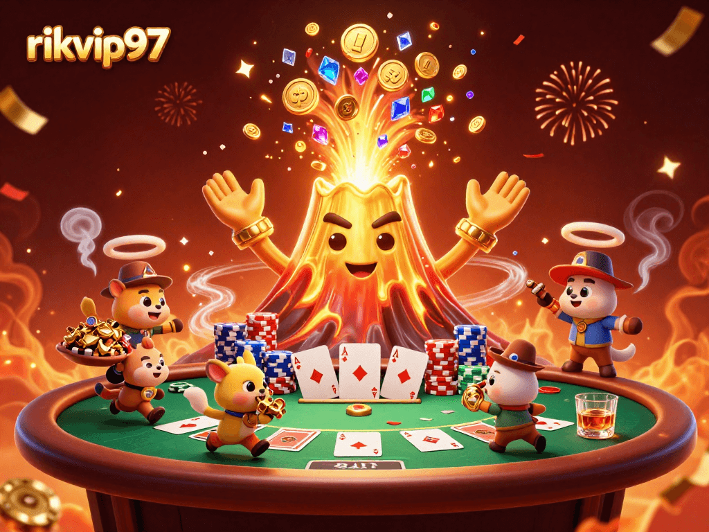 rikvip97 celebrates casino triumph with a golden volcano and treasures in the scene.