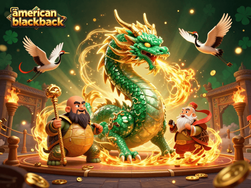 Experience thrilling action in american-blackjack with a dragon and lucky cranes amidst dynamic casino elements.