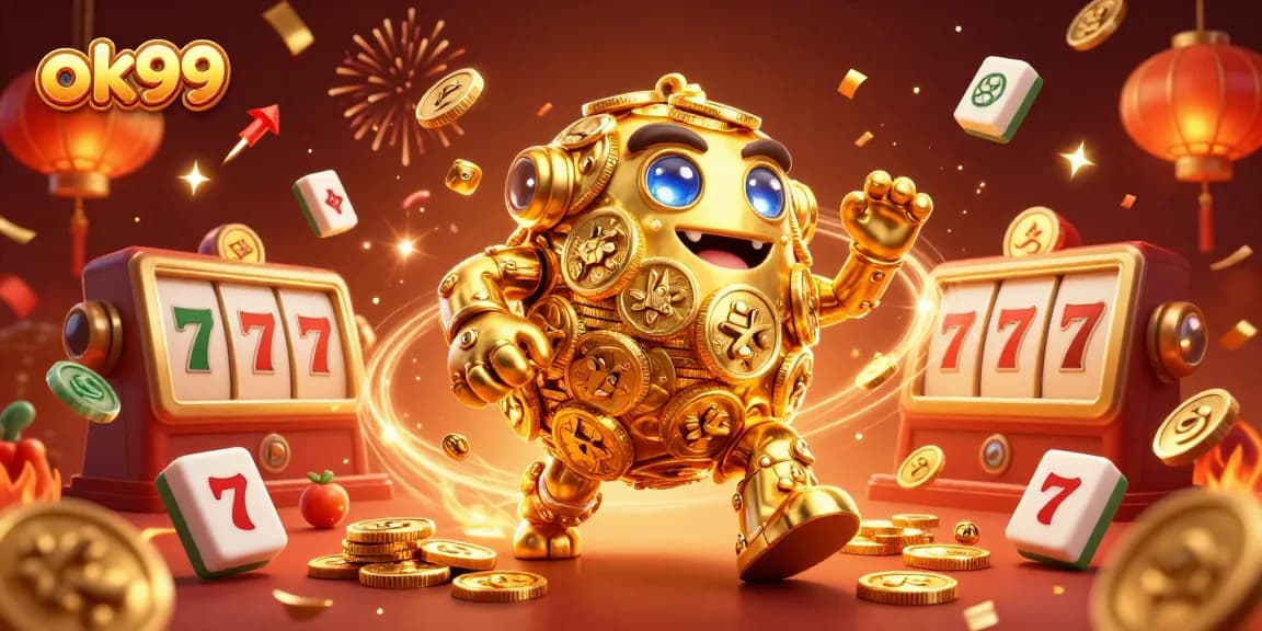 Spin the reels with ok99 in this vibrant casino scene featuring a golden golem and slot elements.