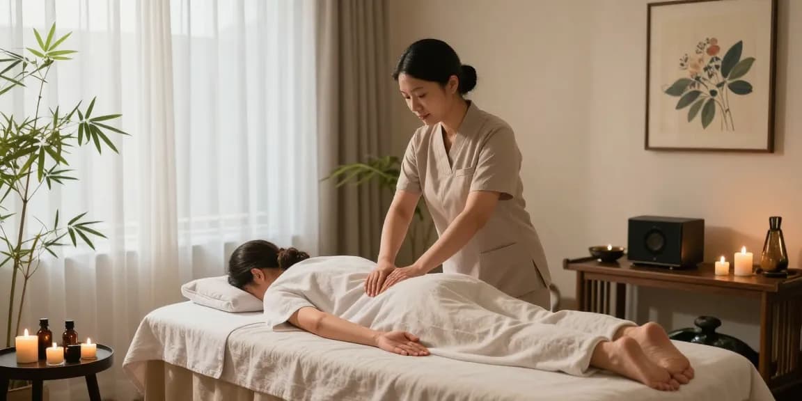 마사지 테라피 중인 고객과 치료사, 아로마 향과 조명으로 조화로운 스파 분위기