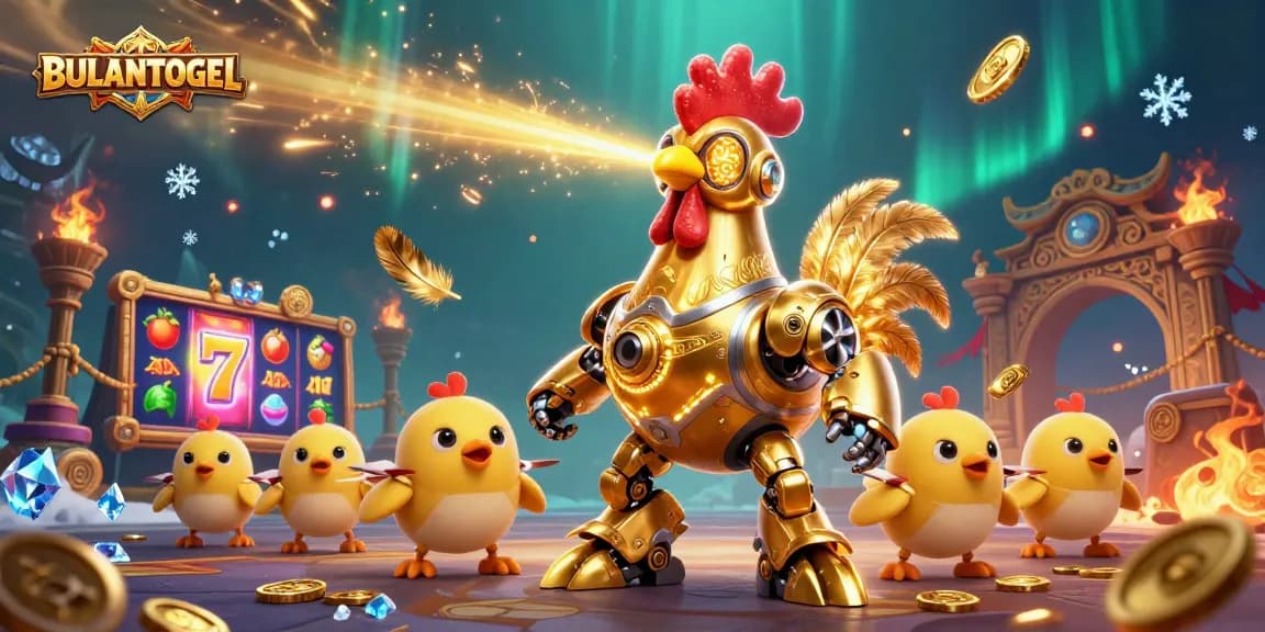 BULANTOGEL champions slot gaming with a golden rooster robot and chick drones in a vibrant arena.