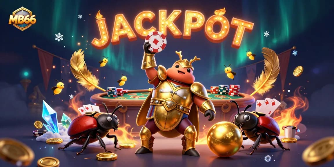 MB66 showcases a victorious hercules beetle lifting a poker chip with dynamic casino energy.