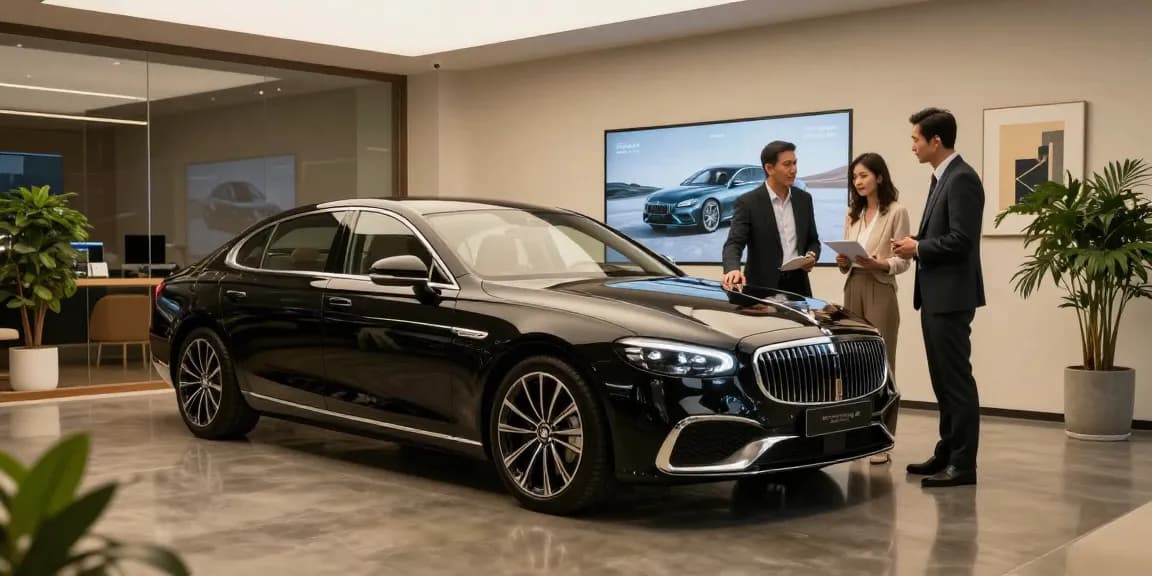 Interior showroom LUXURY 777 dengan mobil mewah hitam dan dekorasi elegan.