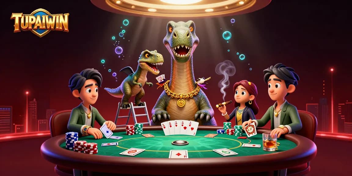 TUPAIWIN menampilkan seekor brontosaurus raksasa di kasino sambil melihat meja poker dengan kartu penuh warna.