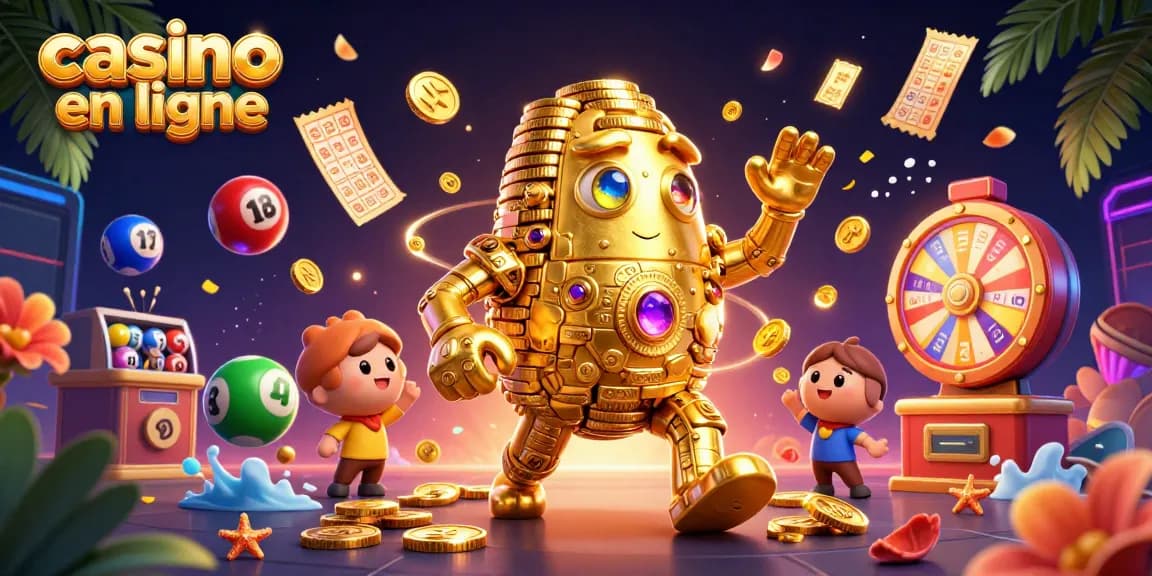 Jouez dans un casino en ligne animé avec un golem doré et des éléments de loterie éblouissants.