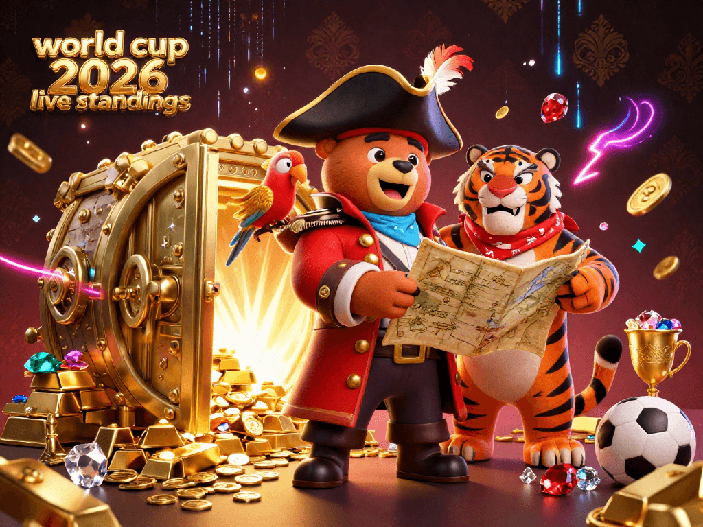 Experience thrilling world cup 2026 live standings with pirate characters and casino jackpots in a colorful scene.