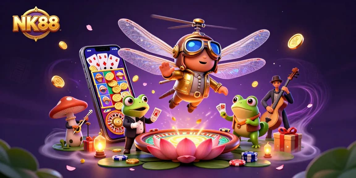 Engage with NK88's thrilling games through a vibrant scene featuring a dragonfly pilot and a frog croupier.