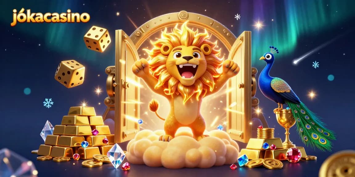 Experience the thrill of jokacasino with a vibrant 3D illustration filled with dazzling treasures and characters.