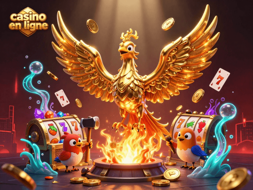 Activer le jeu au casino en ligne avec un phénix en or et des coffres remplis de joyaux.