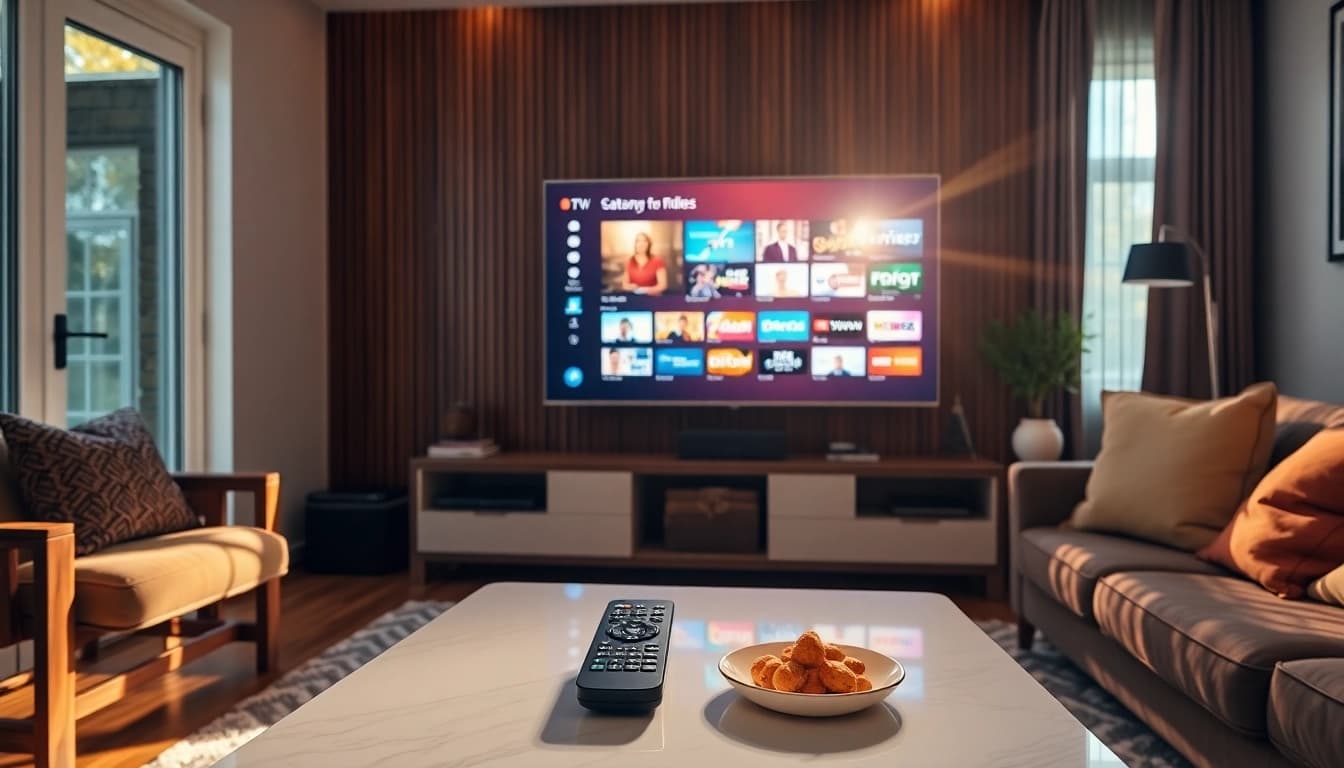 Experience free trial iptv with a modern living room setup showing vibrant streaming channels.