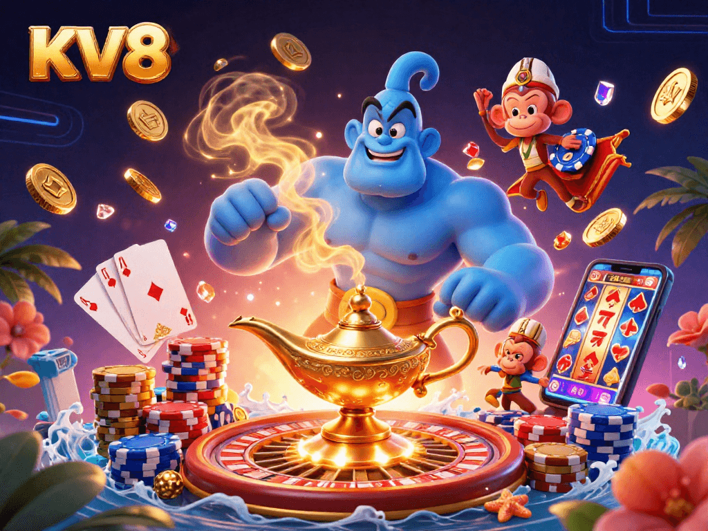 Experience thrilling gameplay with KV8 in a vibrant scene featuring a genie, poker chips, and golden coins.
