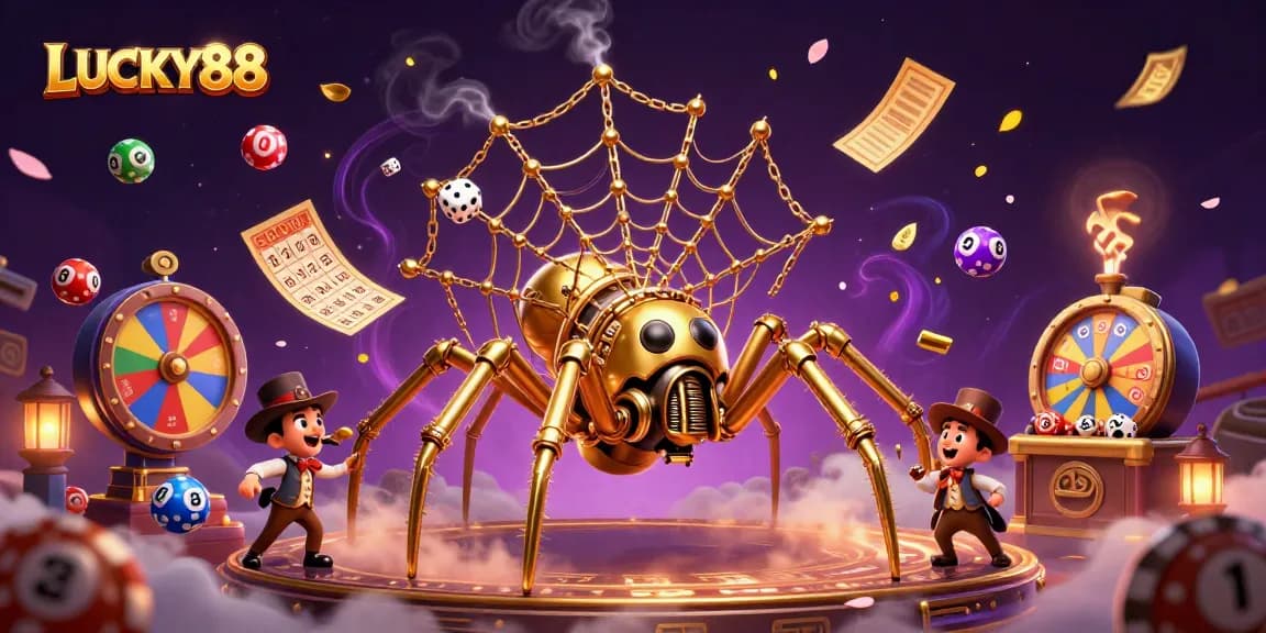 LUCKY88 brings luck with a lively steampunk spider and dynamic lottery elements in a vibrant casino scene.