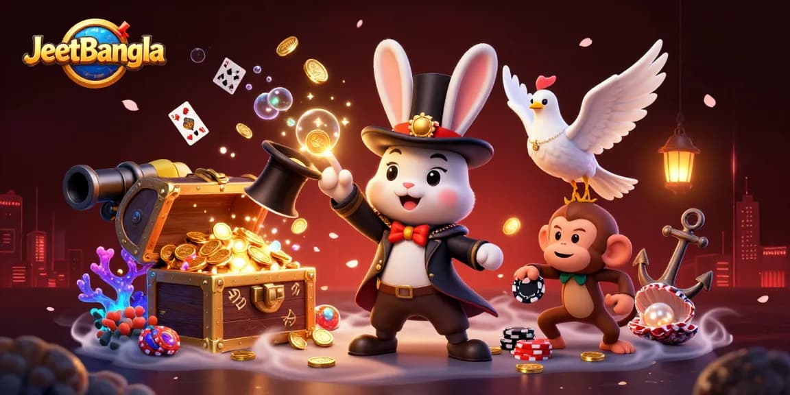 Engaging JeetBangla scene showcasing a magician rabbit and characters surrounded by casino elements and treasures.