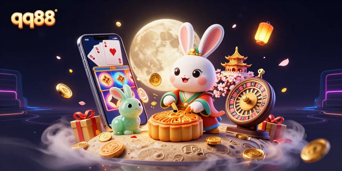 Bet big at qq88's vibrant casino universe featuring a moon rabbit with poker chip mooncakes and dynamic gaming elements.