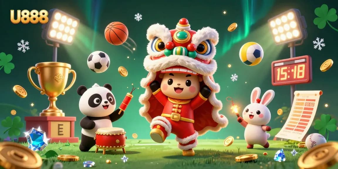 Experience the excitement at U888 with dynamic casino symbols, joyful characters, and festive elements.