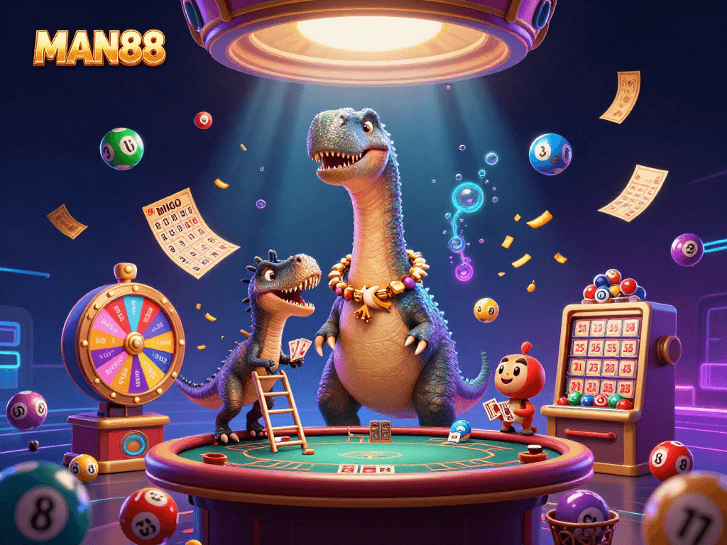 MAN88 showcases a dynamic casino scene with a towering brontosaurus and raptor dealer, promising thrilling gameplay.
