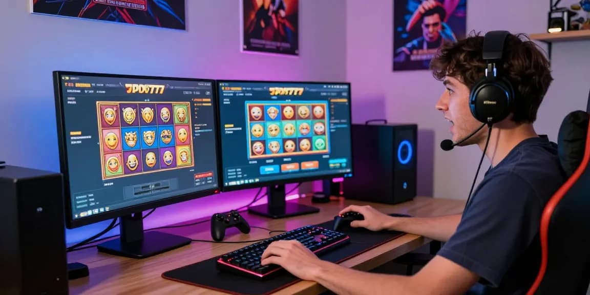 Engaged player enjoying slot777 games at dual screens with vibrant RGB setup and gaming peripherals.