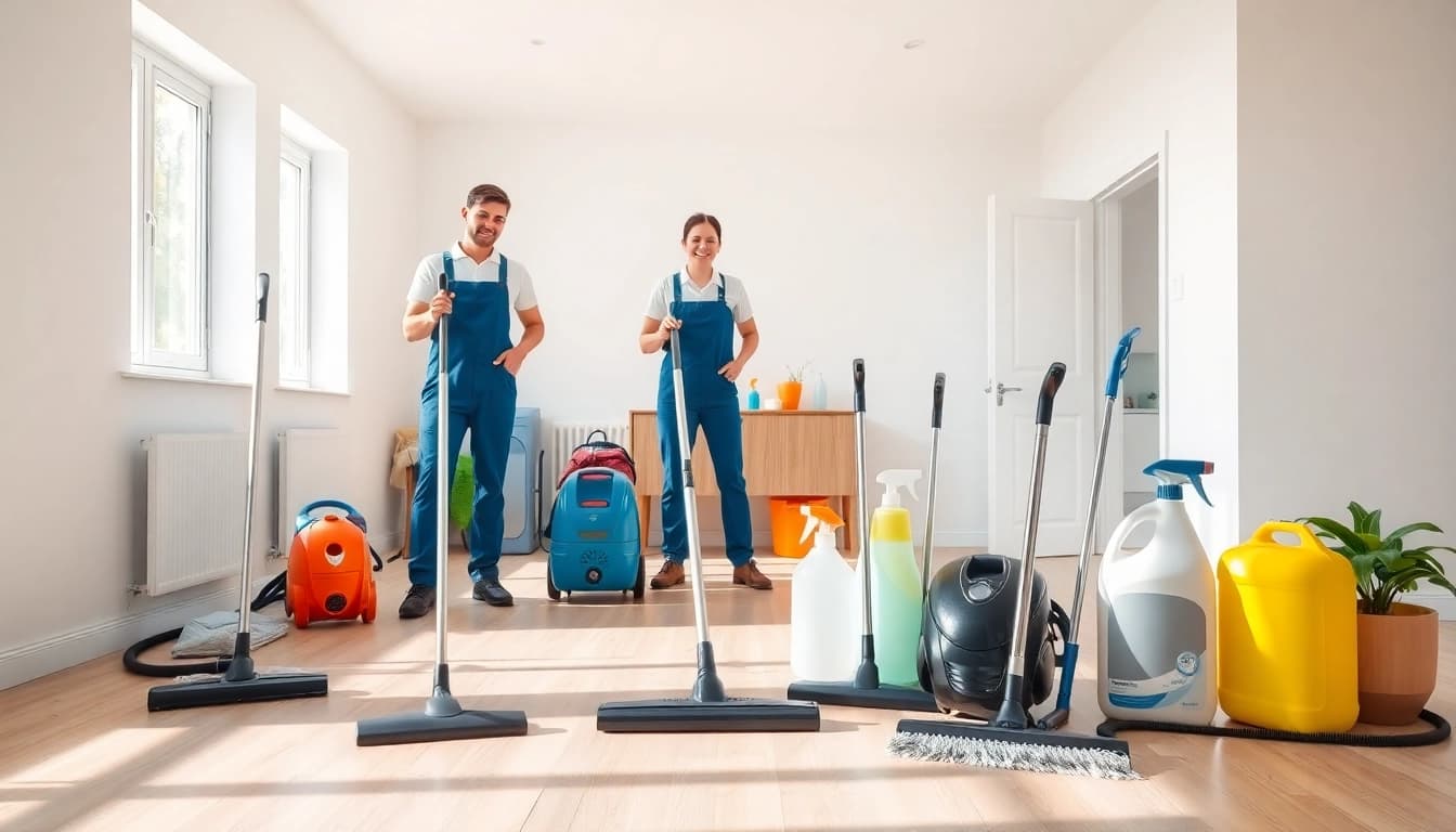 Bond cleaning service team efficiently working in an empty property with cleaning supplies.