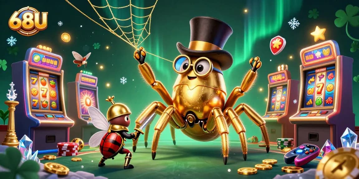 Explore o emocionante mundo de jogos no 68U, com tarântula dourada e máquina caça-níqueis girando.